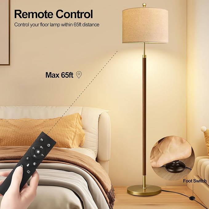 Wood Floor Lamps for Living Room Farmhouse Floor Lamp with Remote Control,Dimmable Vintage Floor Lamp Mid Century Modern Standing Lamp with 3 Color Temperature Tall Floor Lamps For Bedroom Corner