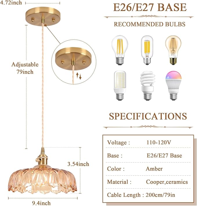 Pendant Light Fixtures,Finish Ceiling Hanging Lamp 9.4" E26 Vintage Green Glass Hanging Pendant Lights for Bedroom Living Room Hallway