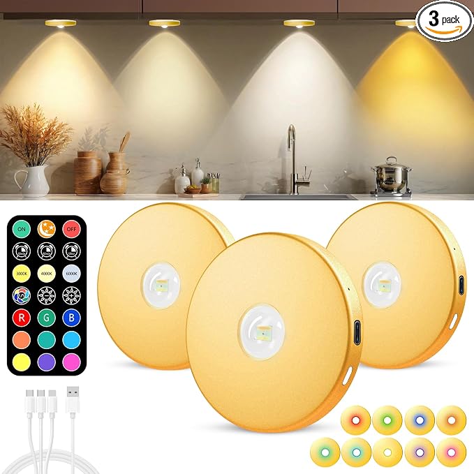 LED Puck Lights with Remote, 2000mAH Battery Operated, Rechargeable Shelf Light, Wireless,Color Changing Magnetic Light, Display Curio Cabinet,Bookcase,Under Cabinet Lighting (Gold, 3PACK)