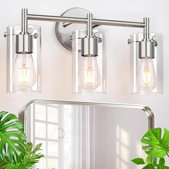 3-Light Brushed Nickel Bathroom Vanity Light Fixtures, Clear Glass Shade Wall Sconces for Mirror, Bedroom, Living Room, Hallway