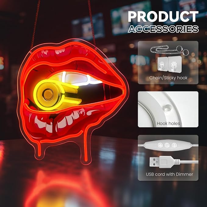 Bullet Red Lips Neon Sign, Flaming Red Lips Neon Signs for Wall Decor, Dimmable Acrylic Neon Lights for Room Bedroom Hotel Club Bar Party Decorations, Perfect Gifts