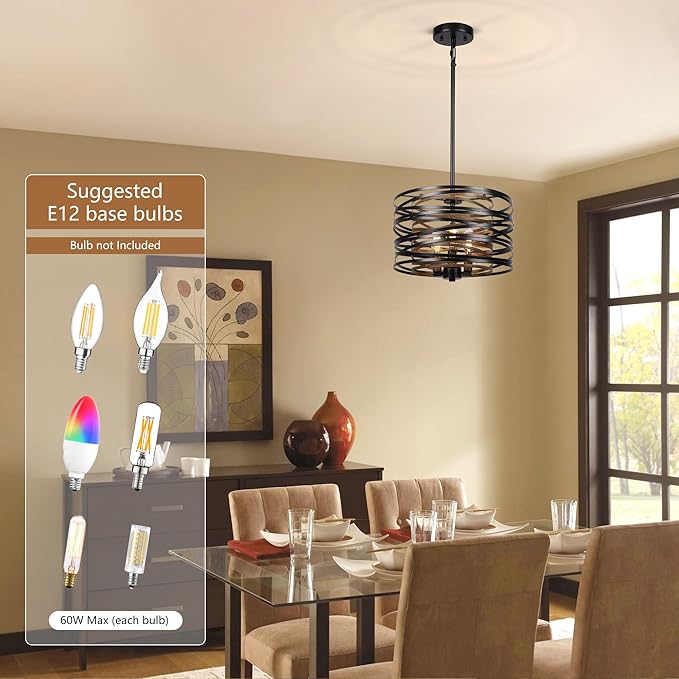 3-Light Dining Room Chandelier，12.6" Rustic Black Drum Chandeliers，Wood Grain and Vintage Light Fixture for Kitchen Entryway Living Room