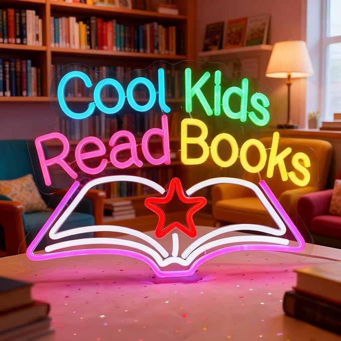 Cool Kids Read Books Neon Sign - Classroom Reading Corner Decor | 15.7"x11.8" Book-Shaped Light with Dimmer, 6.5ft USB Powered, Hanging Chain Included, Night Reading Lamp