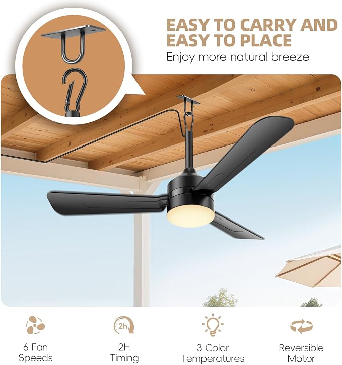 PBLALA Ceiling Fans with Lights,36.5" Plug in Ceiling Fan Light,Gazebo Fan Light,LED Fan Light Hanging with Hook,Hook Type Fan,45W,3000-6500k,Remote Control,Portable Fan for Patios,Pergola