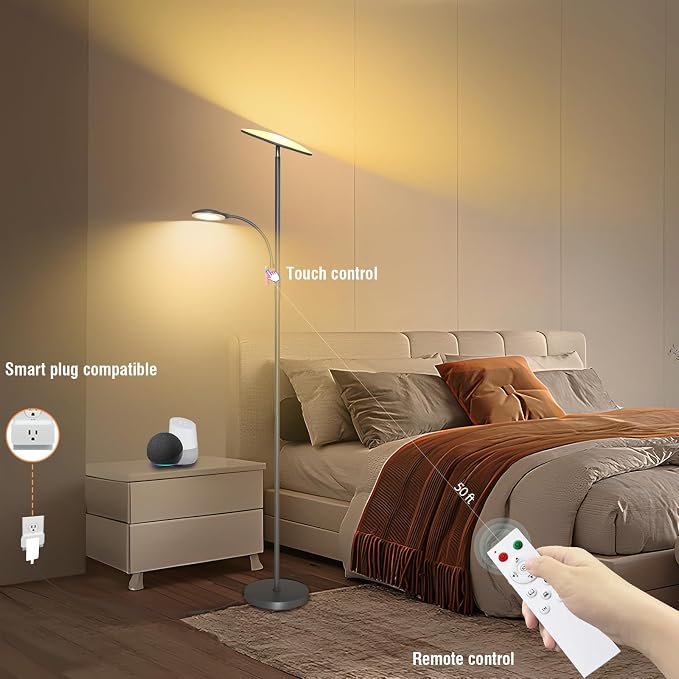 marctronic Gray Floor Lamps for Living Room, 44W/4500LM Super Bright 2 in 1 LED Floor Lamp with Remote, Stepless Dimmable, 69" Tall Standing Floor Lamp with Bendable Reading Light for Bedroom Office