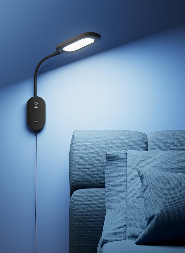 Wall Mounted Reading Bed Light, Wall Bed Lamp with CRI 95+ for Eye Care, 4 Color 5 Dimmable, 2A USB Output, 4-Hour Auto Off, Book Lights Flexible Gooseneck Reading Lamp Headboard Black