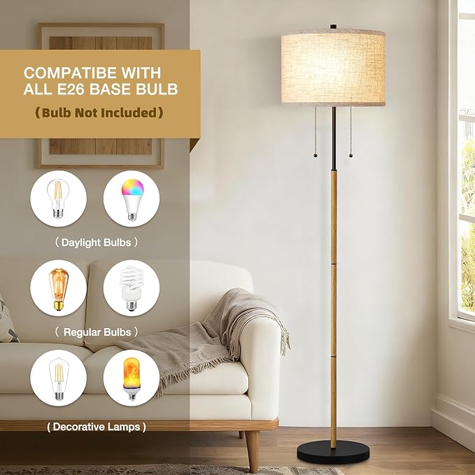 Luvkczc Floor Lamp, 62" Standing Lamp Tall Lamp with Fabric Lampshade&Pull Chain Corner Floor Lamps for Living Room, Bedroom,Office Corner (Wood Grain 2 Bulb Socket)
