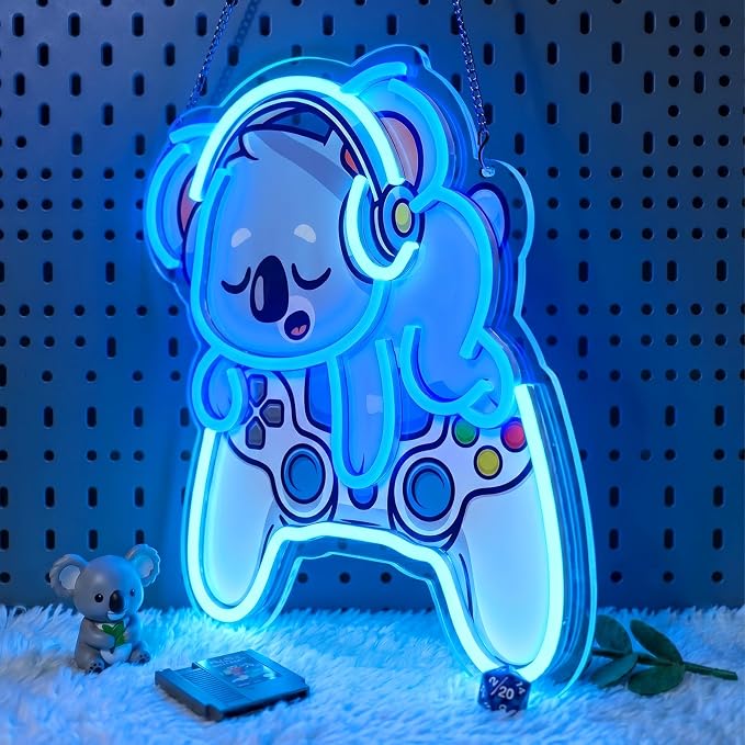 Koala Gaming Neon Sign 12.7x12.5in,USB LED Wall Decor with Dimmer | Neon Signs for Wall Decor,Cute Gamer Wall Decor for Bedroom,Game Room, Kids Room,Dorm