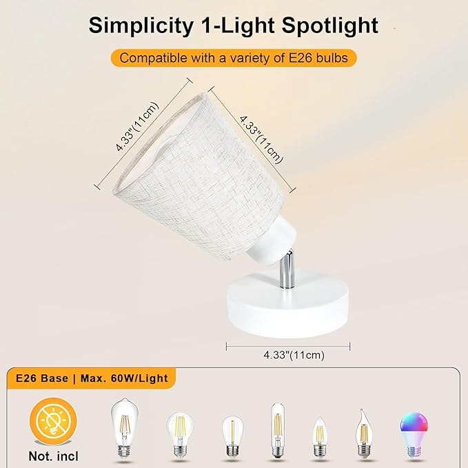 LTBLIGHT 1-Light LED Track Lighting, Modern Adjustable Ceiling Spotlight with Linen Shade, Bedroom Bedside Reading Light, Study Desk Lamp, E26 Base (Bulb Not Included)