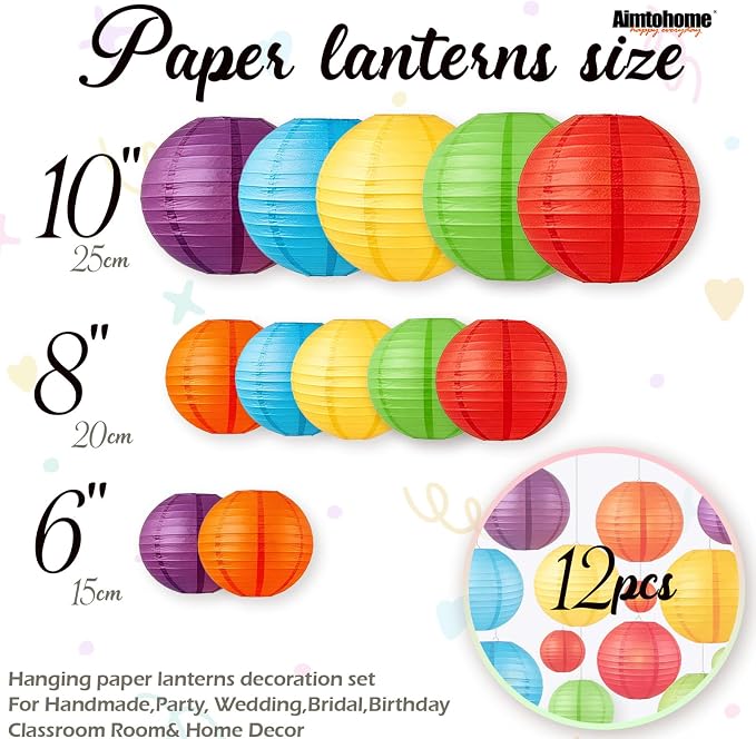 Colorful Paper Lanterns Set (12 Pcs) - 6/8/10 Inch Purple, Orange Red,Blue,Yellow, Red,Green Round Hanging Paper Lanterns for Rainbow Party, Carnival Celebration, Back to School Decor