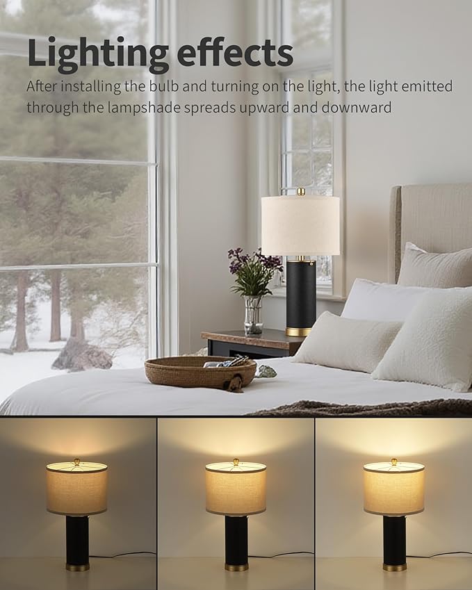 KDG 23.4" Black PU Leather Table Lamps for Living Room Set of 2, 3 Level Brightness LED Modern Home Decor Fabric Lampshade Desk Lamp Lighitng for Bedroom, Bedside, Farmhouse, Nightstand, Night Light