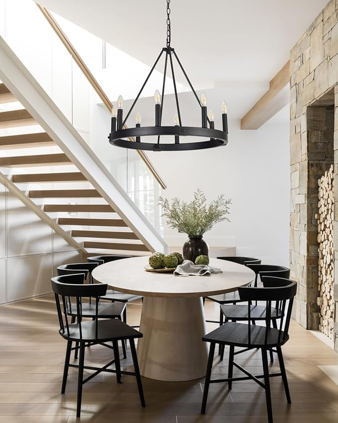 8 Lights Farmhouse Wagon Wheel Chandelier, D24" Black Round Chandeliers for Dining Room, Modern Industrial Kitchen Island Pendant Light Fixtures for Foyer Living Room Entryway Bedroom, E12 Socket