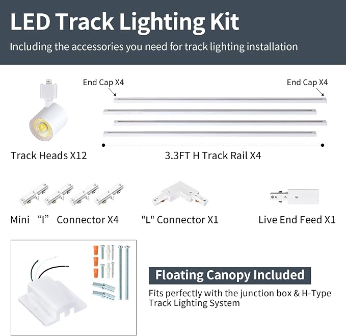 5 Color 12-Light Track Lighting Kit with 13FT H Track Rail, White | 10W Dimmable LED Track Lighting Fixtures Ceiling Spotlight 800LM, CRI90, Floating Canopy Connector Included for Installation