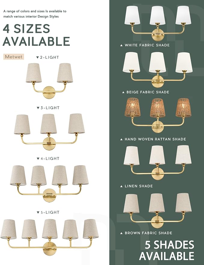 4-Light Brushed Gold Bathroom Vanity Light, Brown Linen Fabric Shade | 28 Inch gold bathroom light fixture over mirror, UL listed, E26 bulbs, hardwired, upward only, VL837-BG-L-4