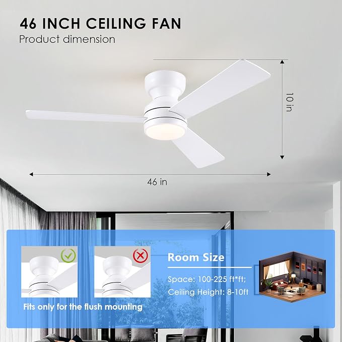 Asyko 46" White Modern Low Profile Ceiling Fans with LED Lights and Remote | Reversible 6 Wind Speeds, Dimmable 3 CCT LED Light, 25W Quiet DC Motor,2H Timer,3 Double-Sided Blades,for Bedroom Kitchen