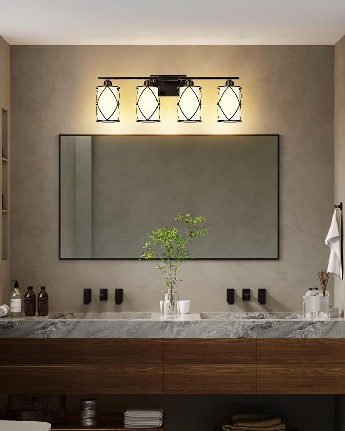4-Light Black Bathroom Light Fixtures with Milk White Frosted Glass, 29" Modern Bathroom Vanity Lighting Fixtures Over Mirror with Metal Cage, Wall Sconce Lights for Bath, E26, CH9176BKW-4W