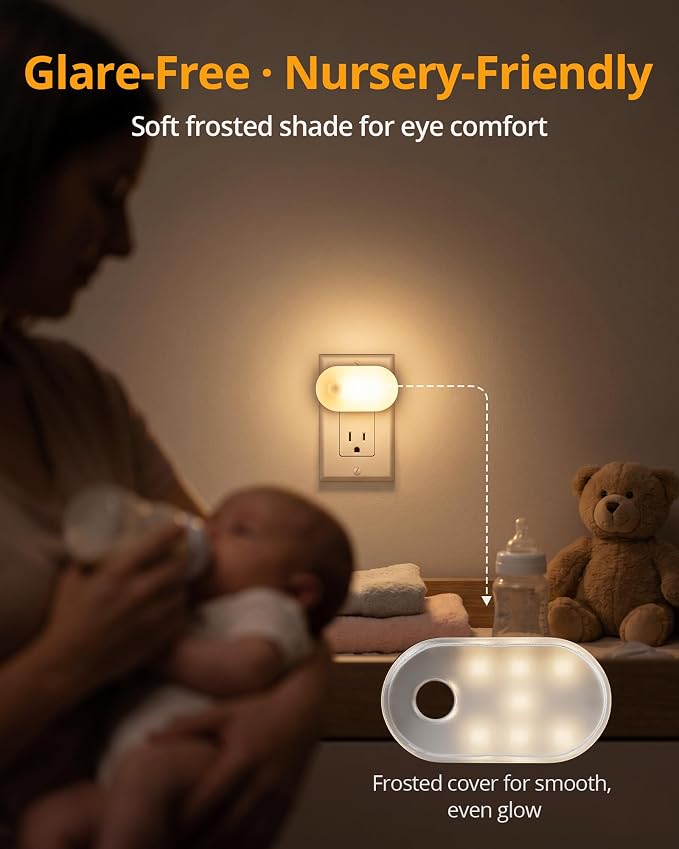 Plug in Night Light with Motion Sensor, 120LM Superior Bright Smart Mini LED Nightlight, Warm White with Stepless Adjustable Brightness for Bathroom, Bedroom, Kitchen, Stairs, Hallway, 2 Pack