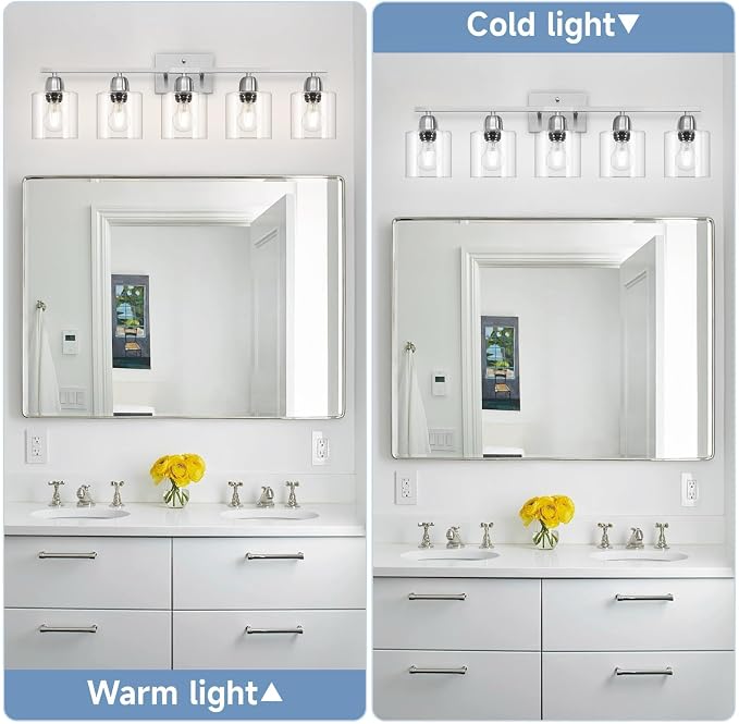 Modern Brushed Nickel 5 Light Bathroom Vanity Light, 31 inch Bathroom Light Fixtures, Vanity Lights for Bathroom with Clear Glass for Mirror Kitchen Living Room Hallway Cabinet Porch