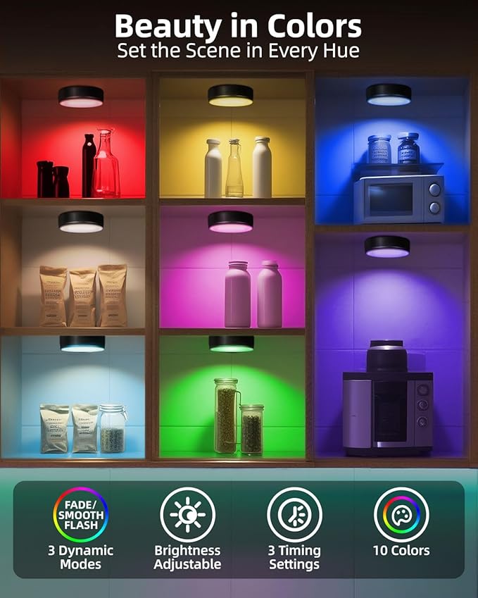Puck Lights with Remote, 1800mAh Rechargeable Under Cabinet Lighting, 3 Color Temps & 7 RGB Colors, Long-Lasting Dimmable Stick-On Lights for Cabinet, Kitchen, Shelf, Party 1-Pack