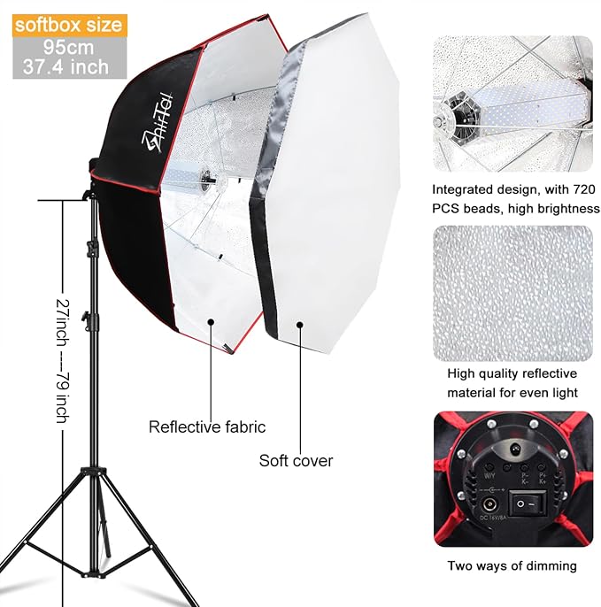 Softbox Lighting Kit,37" Octangle Softbox Photography Lighting Kit with 110W 2700-6500K 11000Lux Dimmable LED Prismatic Lamp and Remote Control,Photo Studio Soft Box Lights for Video Recording