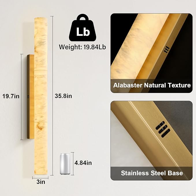 Natural Alabaster Wall Sconces, 36" Large Bronze Wall Sconce, Modern Gold LED Sconce, Cylinder Spanish Marble Sconces Perfect for Living Room, Bedroom, Hallway, Stairs