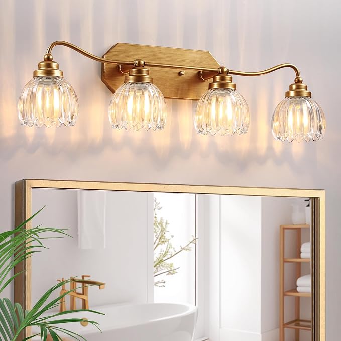 4 Light Gold Vintage Vanity Lights, Antique Brass Finish | Clear Tulip Crystal Shades,Brushed Gold Bathroom Light Fixtures, Wall Sconce Ideal for Bedroom, Hallway, Easy to Install
