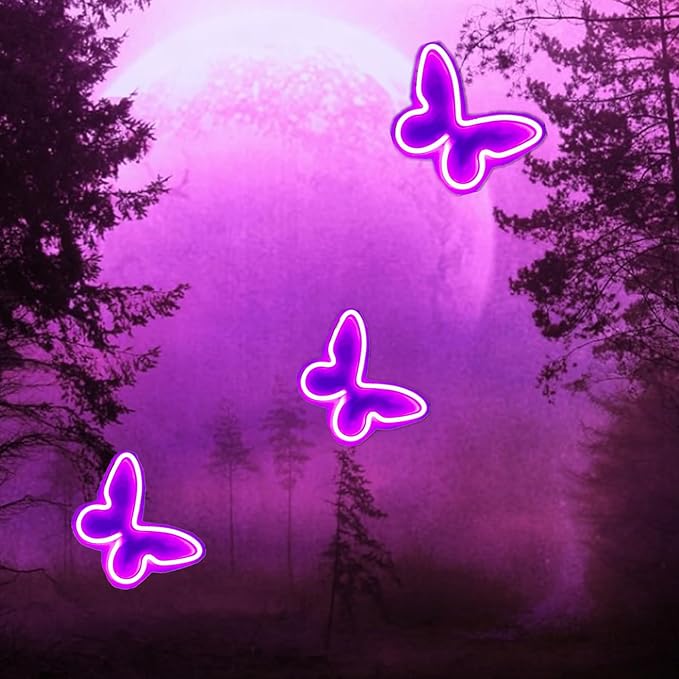 Neon Butterfly Signs 2 Pieces Purple, LED Lights for Wall Office Dorm Wedding Birthday Party Room Decor, Teen Girls Decorations, USB or 3-AA Battery Powered