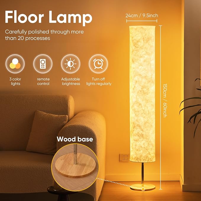Soft Floor Lamp 3 Color Remote LED Living Room Bedroom conner floor light | Shade column paper with Tyvek Fabric Brightness Adjustable for Living Room Bedroom Game Room