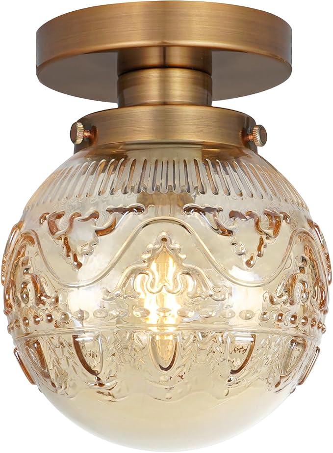 Daunton Semi Flush Mount Ceiling Light, Gold Vintage Kitchen Ceiling Lighting Fixture, Amber Globe Glass Close to Ceiling Light, Modern Hallway Lighting for Bathroom Bedroom Corridor Entryway