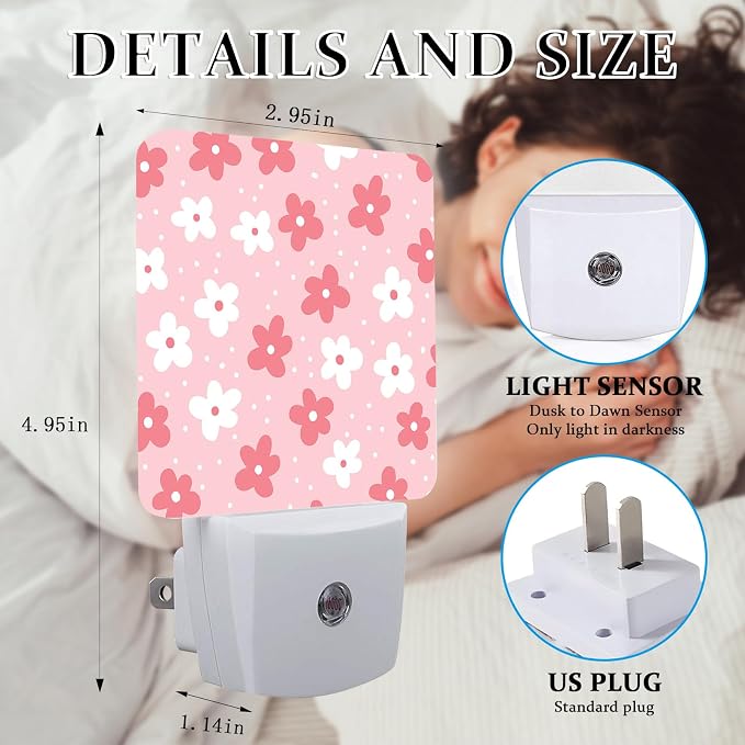 White Pink Flower Night Light, Plug-into Wall Boho Flower Floral Nightlight Lamp with Dusk to Dawn Sensor, Led Lamp 0.5W Energy Efficient for Boys Girls Adults Home Decor