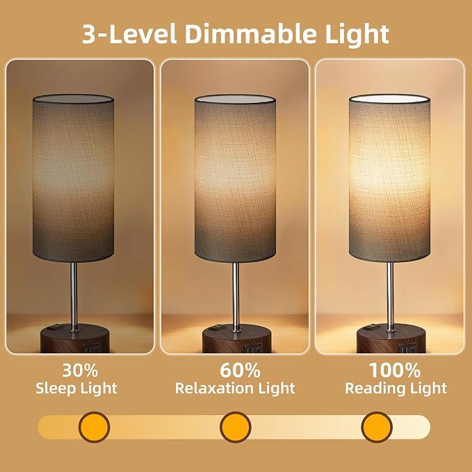 Table Lamp for Nightstand, High-Sensitivity Touch, 3-Level Dimmable Bedside Lamp with AC Outlet | USB | and USB-C, Ideal Night Stand Lamp for Bedroom (1, Grey&Walnut)