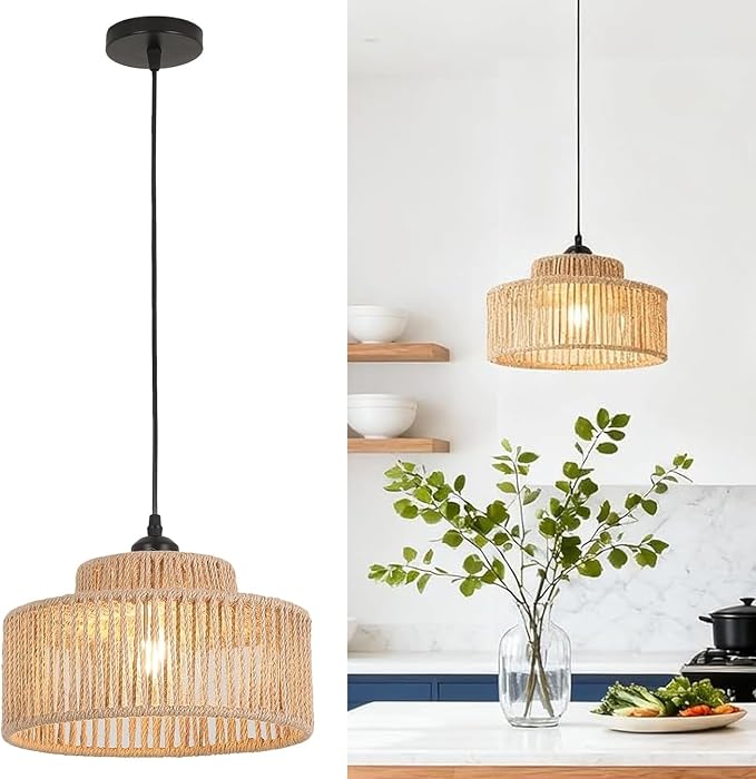 Rattan Pendant Light,11 Inch Boho Kitchen Island light Fixtures,Handmade Woven Hanging Lamp,Wicker Small Chandelier,Coastal Hanging Lights for Bedroom Kitchen Living Room Hallway Restaurant Foyer