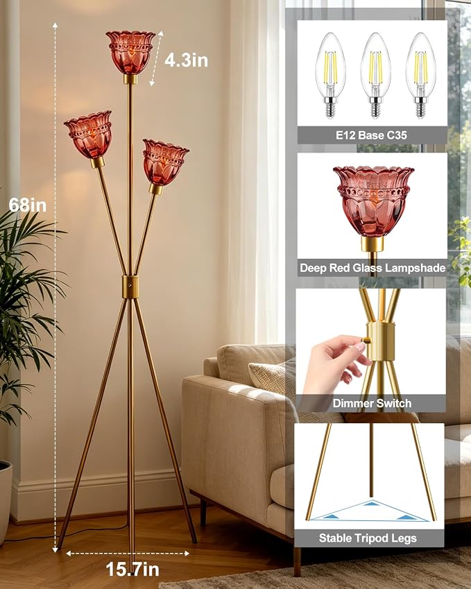 Lightdot 3-Lights Glass Tripod Floor Lamp Gold Dimmable Floor Lamps with 3000K Warm White Bulbs for Wedding Party 62IN Tall Standing Lamp with Deep Red Glass Shade for Living Room/Bedroom/Home Decor