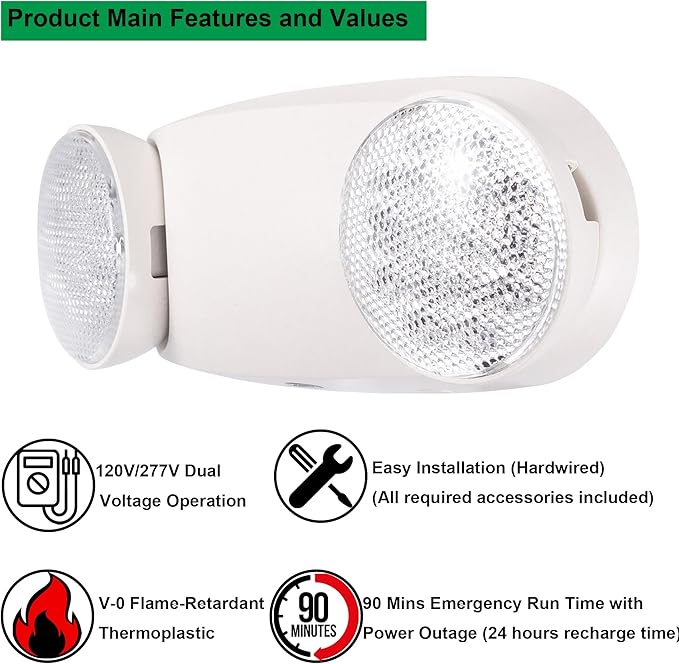 GRUENLICH LED Emergency Light, Exit Lighting Fixtures with 2 LED Bug Eye Heads and Back Up Batteries, UL 924 Qualified, 120/277 Voltage, 1-Pack