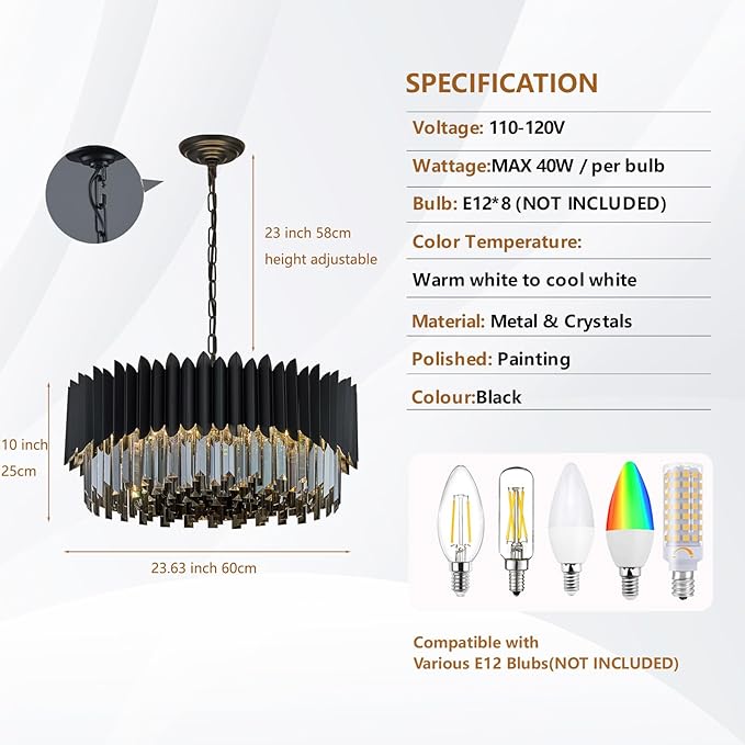 8-Light Large Crystal Chandeliers 24" Dining Room Light Fixture 5 Tiers Flush Mount Smoke Gray and Black Crystal Chandelier Round Pendant Light for Kitchen Living Room Entryway Foyer