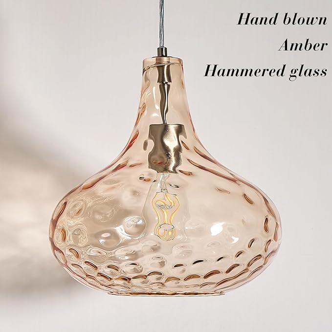 11" Amber Hammered Glass Pendant Light, Blown Glass Hanging Light Fixture with Brushed Nickel Finish, Vintage Modern Ceiling Light for Kitchen Island, Dining Room, Hallway, Living Room