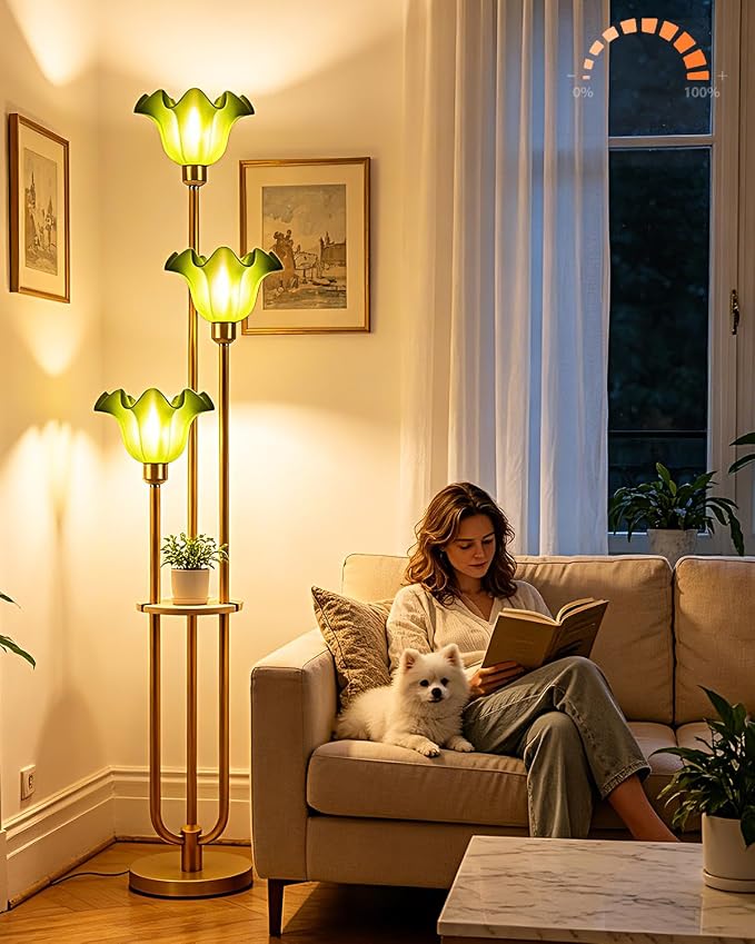 Green Flower Floor Lamp for Living Room, Mid Century Modern Floor Lamp Dimmable with Shelf & LED Bulbs, 3 Light Warmwhite Gold Tall Standing Lamp for Bedroom Girls Room Home Decor