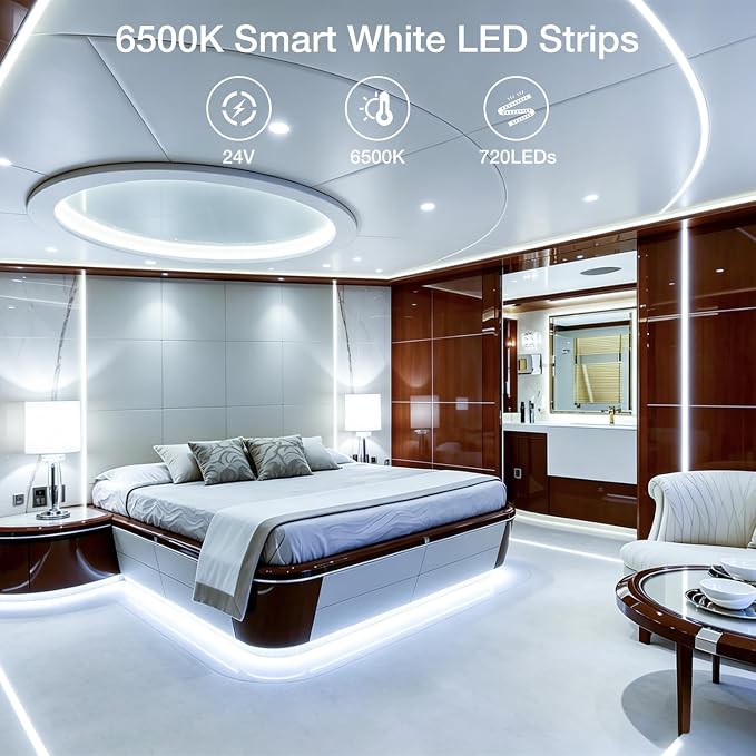 DAYBETTER 25 ft Smart WiFi White LED Lights, Dimmable White LED Strip Light Compatible with Alexa and Google Assistant, 6500K, 720 LEDs Tape Lights for Bedroom, Kitchen, Mirror, Home Decoration