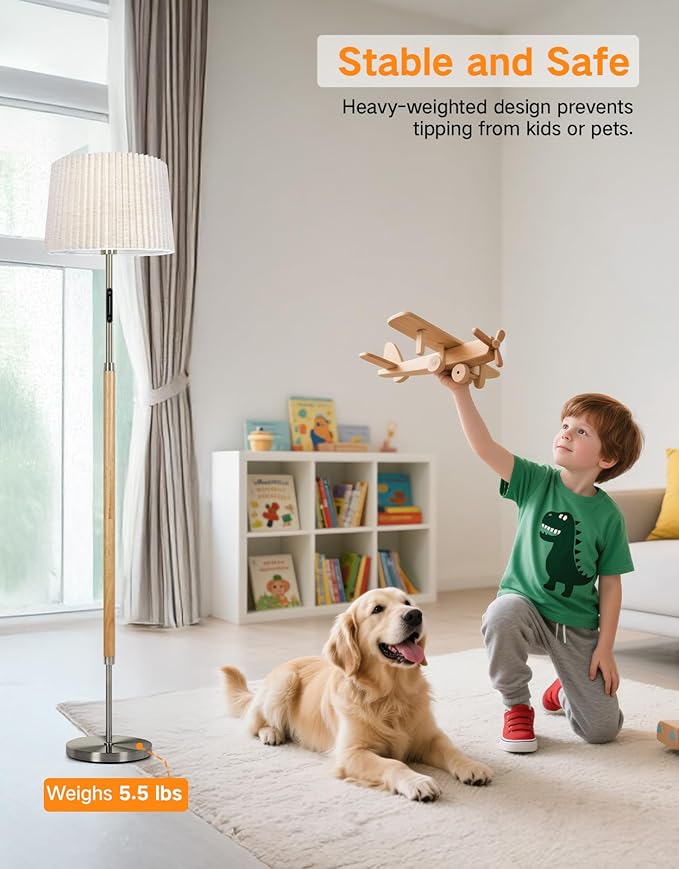 OUTON Wood Floor Lamp with Remote & Touch Slider, 4 Color Temperatures, Stepless Dimmable LED Standing Lamp with 2 Interchangeable Fabric Shades for Living Room, Bedroom, Office,Wood