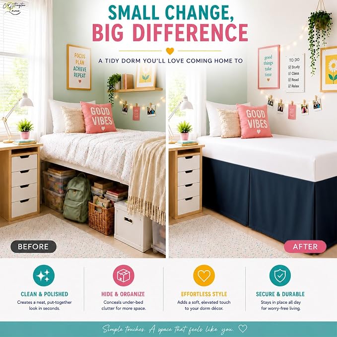 Cottington Lane Tailored Box Pleated College Dorm Bed Skirt Twin XL, Hotel Quality Premium Brushed Microfiber Extra Long Bedskirt Twin XL 30 Inch Drop, Navy Blue Dorm Bedding