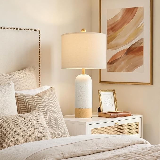 PoKat 24'' White Ceramic Table Lamps Set of 2, Farmhouse for Living Room | Modern Bedside Lamps for Bedroom, Two-Tones Design, Earthy Yellow Base, Splatter Pattern, Boho Lamps for Nightstand, Entryway