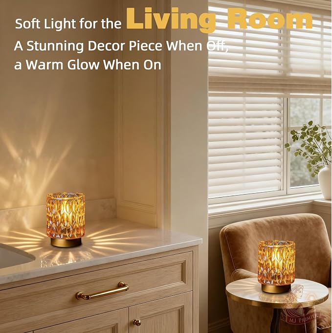 Battery Operated Table Lamp Timer, Small Cordless Lamps Decorative, 2 Amber | Mini Crystal Lamp for Area No Plug, LED Battery Powered Lamps Wireless, Glass Accent Light for Bathroom Fireplace Shelf Decor