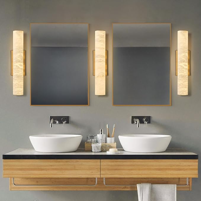 Alabaster Wall Sconces, 20" Brass Wall Sconce, Modern Bathroom Sconces Wall Lighting, Gold Wall Sconce, Spanish Natural Marble Sconce for Living Room, Bedroom, Stairs, Hallway