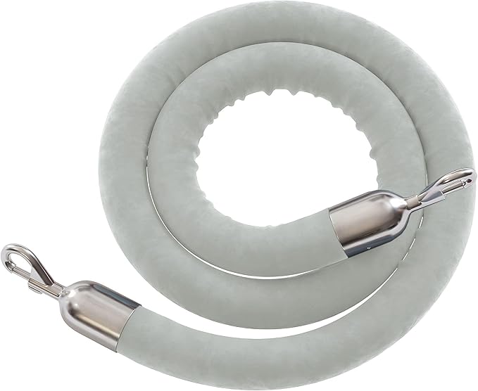 Montour Line Velvet Hanging Stanchion Rope Foam Core, 6 Foot Gray Rope with Polished Stainless Steel Snap Ends