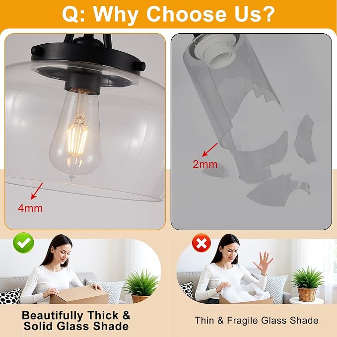 Modern Pendant Lights Kitchen Island, Matte Black Pendant Light Fixtures with 10" Clear Glass Shade, Industrial Hanging Pendant Lights Fixture for Kitchen Island, Dining Room, Bedroom, Foyer, Entryway