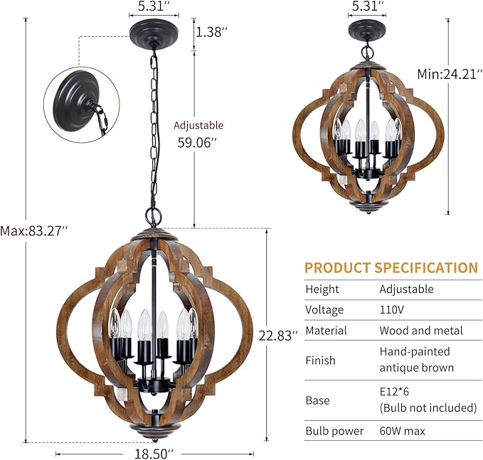 Farmhouse Rustic Wooden Chandelier, 6-Light Farmhouse Hanging Light Fixture with Black Metal & Brown Wood, for Dining Room, Kitchen, Living Room, Entryway, Foyer, Bedroom, Hallway