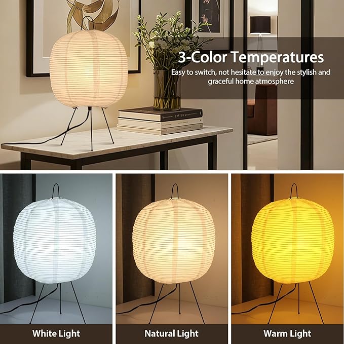 Rice Paper Lamp, Japanese Lantern Lamp for Wabi-Sabi Decor and Cozy Ambiance, Noguchi Paper Table Lamp for Bedroom, Living Room