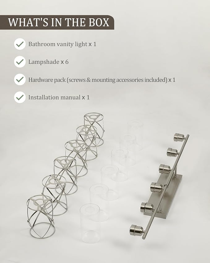 6-Light Brushed Nickel Bathroom Light Fixtures Over Mirror, 42" UL-Listed Modern Wall Sconce Lights with Clear Glass and Metal Cage for Bath, Hardwire E26, CH9176BN-6W