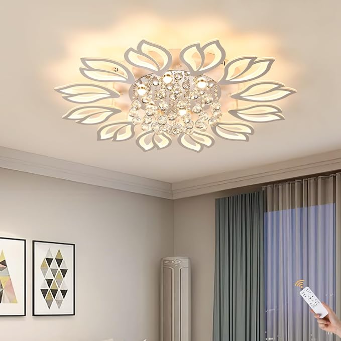 Garwarm 40.7 Inch Modern Crystal Flower LED Ceiling Light with Remote,White | Low-Profile Dimmable Flush Mount Chandelier with Memory for Large Living Room, Bedroom, Dining Room, Kitchen and Office