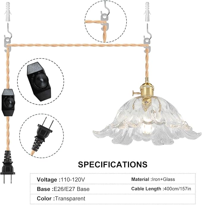 Plug in Pendant Light Fixtures,Hanging Light Fixture Flower Transparent Glass Pendant Light 11 inch E26 Pendant Lighting for Kitchen Island, Bedroom, Dining Room, Living Room